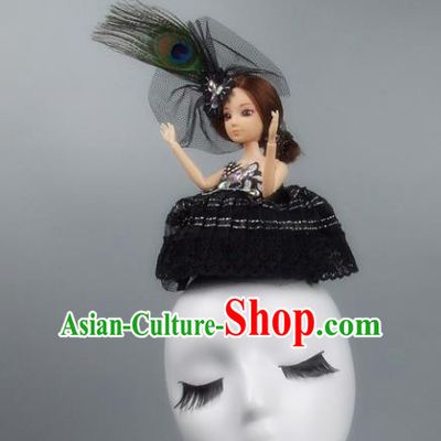 Handmade Halloween Fancy Ball Hair Accessories Black Veil Doll Headwear, Ceremonial Occasions Miami Model Show Headdress