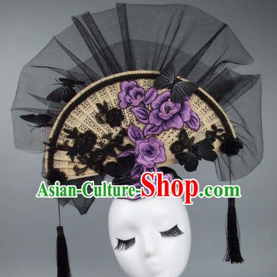 Handmade Asian Chinese Fan Hair Accessories Purple Lace Flowers Butterfly Headwear, Halloween Ceremonial Occasions Miami Model Show Tassel Headdress