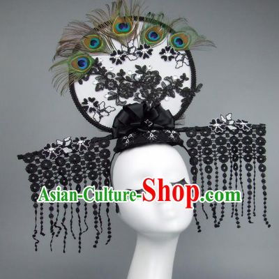 Handmade Asian Chinese Fan Hair Accessories Lace Tassel Headwear, Halloween Ceremonial Occasions Manchu Model Show Headdress