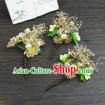 Top Grade Handmade Wedding Hair Accessories Golden Flowers Hair Stick, Baroque Style Bride Headwear for Women