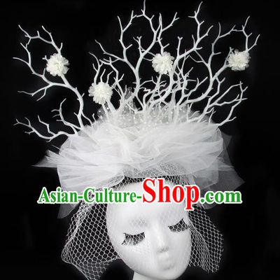 Handmade Exaggerate Fancy Ball Hair Accessories White Veil Branch Headwear, Halloween Ceremonial Occasions Model Show Headdress