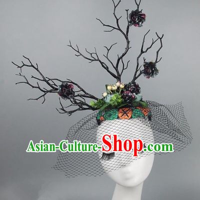 Handmade Exaggerate Fancy Ball Hair Accessories Branch Colorful Top Hat, Halloween Ceremonial Occasions Model Show Headdress