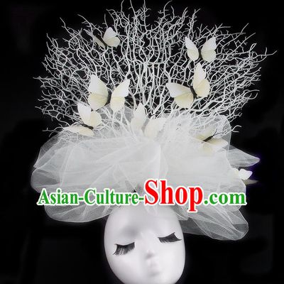 Handmade Exaggerate Fancy Ball Hair Accessories White Veil Butterfly Headwear, Halloween Ceremonial Occasions Model Show Headdress