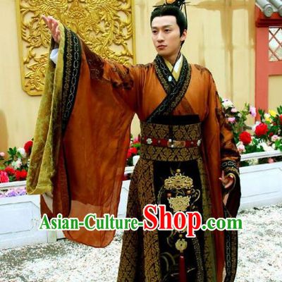 Traditional Chinese Ancient Qin Dynasties Emperor Embroidered Costume and Handmade Headpiece Complete Set