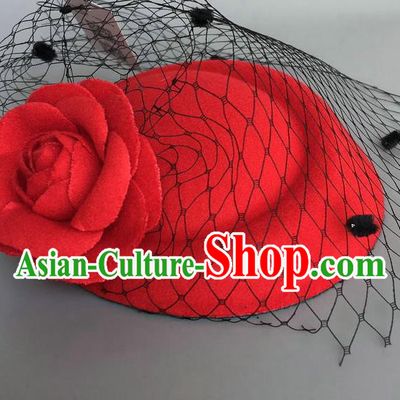 Handmade Wedding Vintage Hair Accessories Red Wool Flower Top Hat, Bride Ceremonial Occasions Model Show Headdress