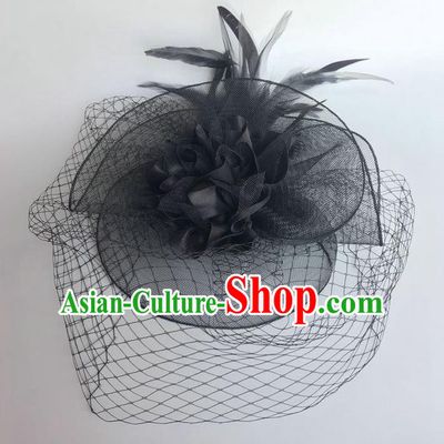 Handmade Vintage Hair Accessories Black Veil Feather Headwear, Halloween Ceremonial Occasions Model Show Headdress
