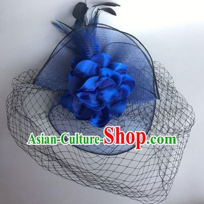 Handmade Vintage Hair Accessories Blue Veil Feather Headwear, Halloween Ceremonial Occasions Model Show Headdress