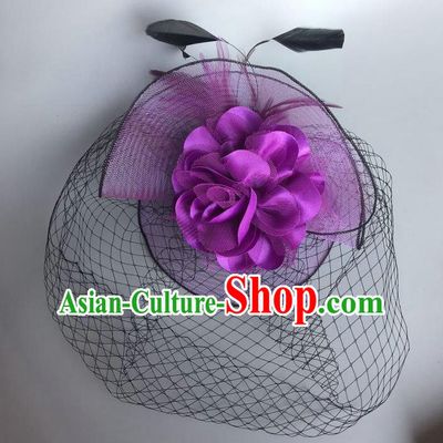 Handmade Vintage Hair Accessories Purple Veil Feather Headwear, Halloween Ceremonial Occasions Model Show Headdress