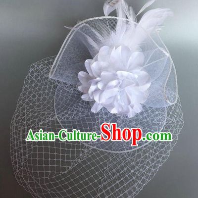 Handmade Vintage Hair Accessories White Veil Feather Headwear, Halloween Ceremonial Occasions Model Show Headdress