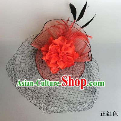 Handmade Vintage Hair Accessories Red Veil Feather Headwear, Halloween Ceremonial Occasions Model Show Headdress