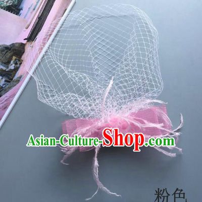 Handmade Vintage Hair Accessories Veil Light Pink Bowknot Headwear, Bride Ceremonial Occasions Model Show Headdress