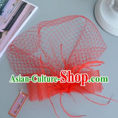 Handmade Vintage Hair Accessories Veil Red Bowknot Headwear, Bride Ceremonial Occasions Model Show Headdress