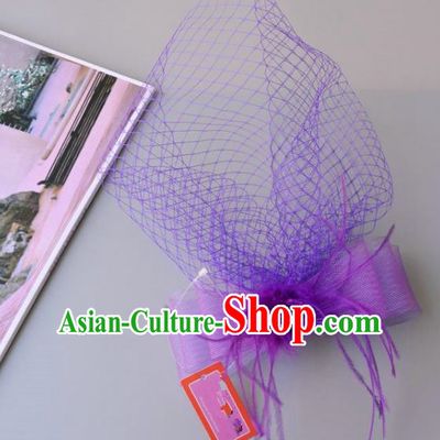 Handmade Vintage Hair Accessories Veil Purple Bowknot Headwear, Bride Ceremonial Occasions Model Show Headdress