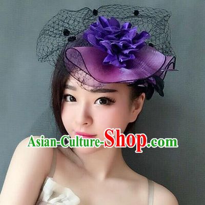 Handmade Vintage Hair Accessories Veil Purple Flower Top Hat Headwear, Bride Ceremonial Occasions Model Show Headdress