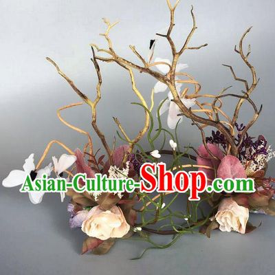 Handmade Exaggerate Fancy Ball Hair Accessories Branch Flowers Butterfly Headwear, Halloween Ceremonial Occasions Model Show Headdress