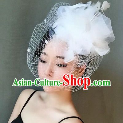Handmade Wedding Hair Accessories White Veil Feather Top Hat, Bride Ceremonial Occasions Vintage Headwear