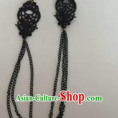 Handmade Wedding Accessories Black Lace Tassel Earrings, Bride Ceremonial Occasions Vintage Eardrop