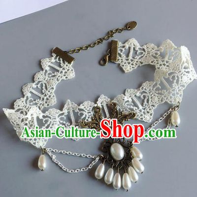 Handmade Wedding Accessories White Lace Pearls Tassel Necklace, Bride Ceremonial Occasions Vintage Necklet for Women