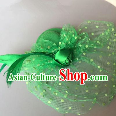 Handmade Baroque Hair Accessories Green Feather Headwear, Bride Ceremonial Occasions Vintage Veil Top Hat for Kids