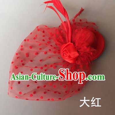 Handmade Baroque Hair Accessories Red Feather Headwear, Bride Ceremonial Occasions Vintage Veil Top Hat for Kids
