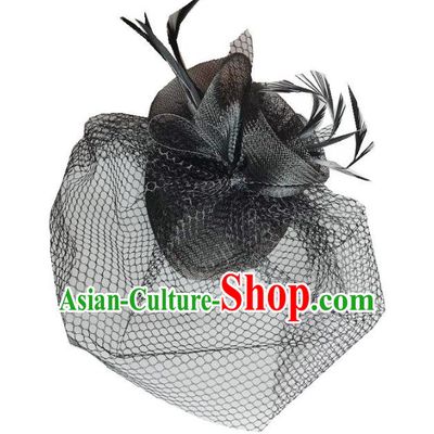 Handmade Baroque Hair Accessories Black Feather Headwear, Bride Ceremonial Occasions Vintage Veil Top Hat for Women