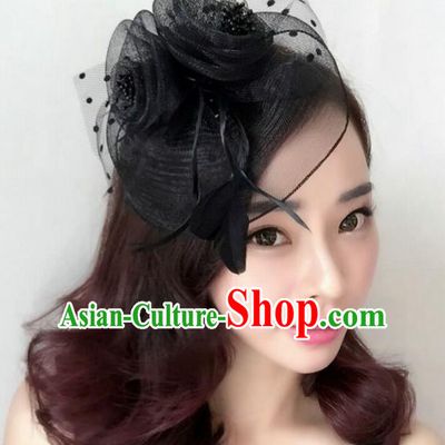 Handmade Baroque Wedding Hair Accessories Black Veil Flowers Headwear, Bride Ceremonial Occasions Vintage Hair Clasp for Women