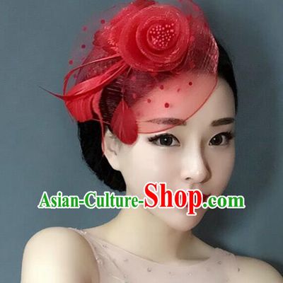 Handmade Baroque Wedding Hair Accessories Red Veil Flowers Headwear, Bride Ceremonial Occasions Vintage Hair Clasp for Women