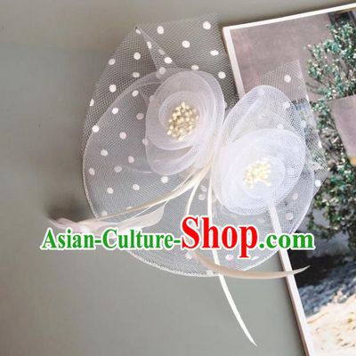 Handmade Baroque Wedding Hair Accessories White Veil Flowers Headwear, Bride Ceremonial Occasions Vintage Hair Clasp for Women
