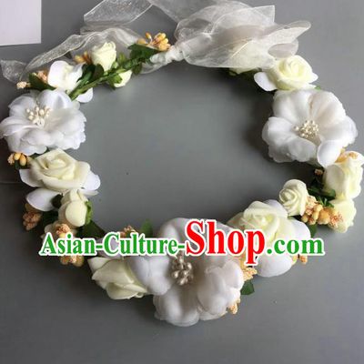 Handmade Baroque Wedding Hair Accessories White Flowers Garland Headwear, Bride Ceremonial Occasions Vintage Hair Clasp for Women