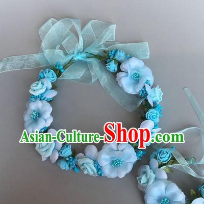 Handmade Baroque Wedding Hair Accessories Blue Flowers Garland Headwear, Bride Ceremonial Occasions Vintage Hair Clasp for Women