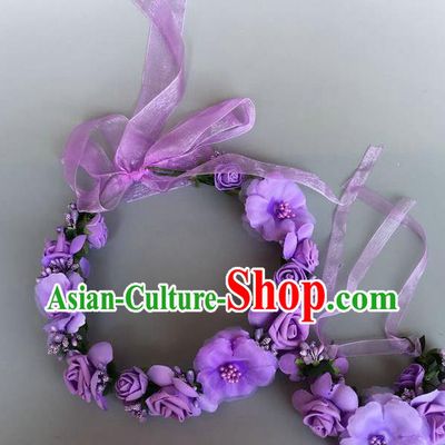 Handmade Baroque Wedding Hair Accessories Purple Flowers Garland Headwear, Bride Ceremonial Occasions Vintage Hair Clasp for Women