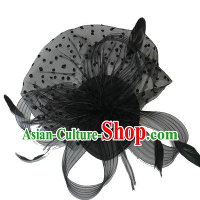 Handmade Baroque Wedding Hair Accessories Black Veil Feather Headwear, Bride Ceremonial Occasions Vintage Top Hat for Women