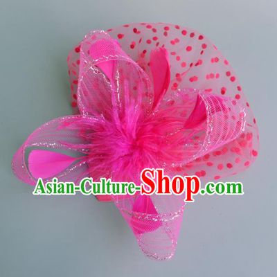Handmade Baroque Wedding Hair Accessories Pink Veil Feather Headwear, Bride Ceremonial Occasions Vintage Top Hat for Women