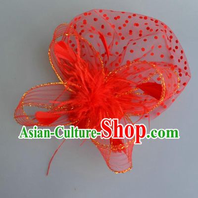 Handmade Baroque Wedding Hair Accessories Red Veil Feather Headwear, Bride Ceremonial Occasions Vintage Top Hat for Women