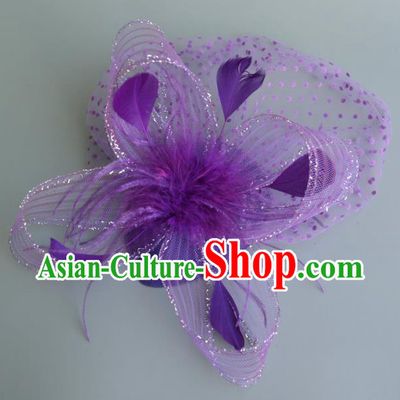 Handmade Baroque Wedding Hair Accessories Purple Veil Feather Headwear, Bride Ceremonial Occasions Vintage Top Hat for Women