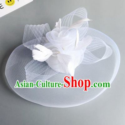 Handmade Baroque Wedding Hair Accessories White Veil Feather Headwear, Bride Ceremonial Occasions Vintage Top Hat for Women