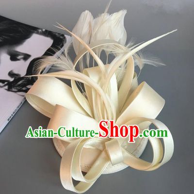 Handmade Wedding Hair Accessories Beige Feather Headwear, Bride Ceremonial Occasions Vintage Top Hat