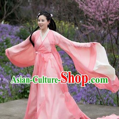 Traditional Chinese Ancient Peri Embroidered Costume, China Ten great III of peach blossom Princess Fairy Pink Dress Clothing