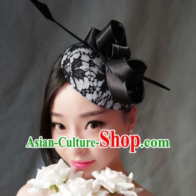 Handmade Baroque Wedding Hair Accessories Headwear, Bride Ceremonial Occasions Vintage Black Lace Top Hat for Women