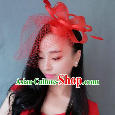 Handmade Baroque Hair Accessories Model Show Red Veil Hair Stick, Bride Ceremonial Occasions Headwear for Women