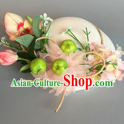 Handmade Baroque Hair Accessories Model Show Pink Silk Top Hat, Bride Ceremonial Occasions Flowers Headwear for Women