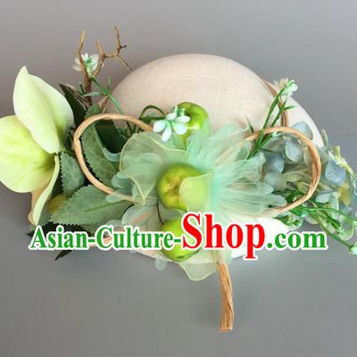 Handmade Baroque Hair Accessories Model Show Green Silk Top Hat, Bride Ceremonial Occasions Flowers Headwear for Women