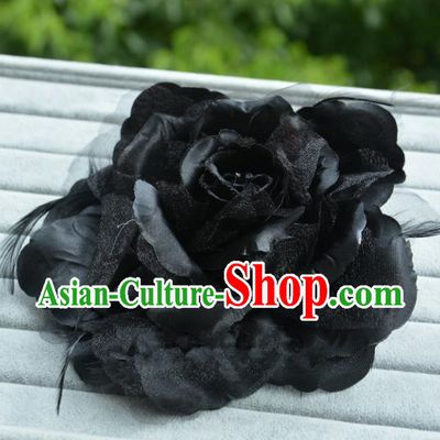 Handmade Baroque Hair Accessories Model Show Black Feather Flower Hair Stick, Bride Ceremonial Occasions Headwear for Women