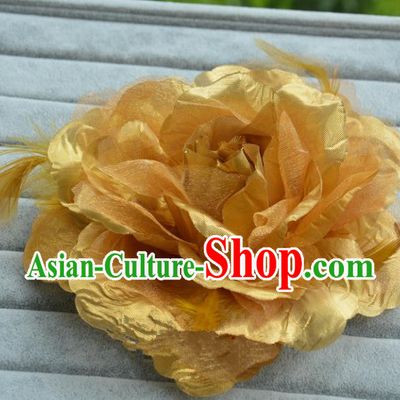 Handmade Baroque Hair Accessories Model Show Golden Feather Flower Hair Stick, Bride Ceremonial Occasions Headwear for Women