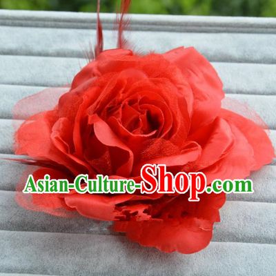 Handmade Baroque Hair Accessories Model Show Red Feather Flower Hair Stick, Bride Ceremonial Occasions Headwear for Women