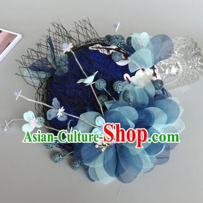 Handmade Baroque Wedding Hair Accessories Blue Flowers Headwear, Bride Ceremonial Occasions Vintage Top Hat for Women