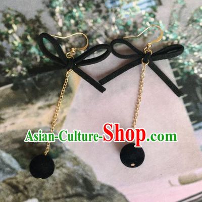 Handmade Wedding Accessories Black Bowknot Earrings, Bride Ceremonial Occasions Tassel Eardrop for Women
