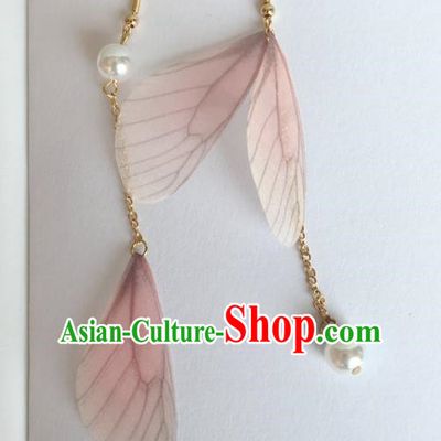 Handmade Wedding Accessories Pink Wing Earrings, Bride Ceremonial Occasions Pearl Tassel Eardrop for Women