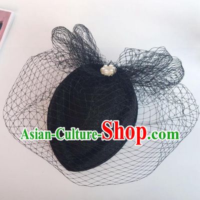 Handmade Baroque Hair Accessories Black Lace Headwear, Bride Ceremonial Occasions Veil Hat for Women