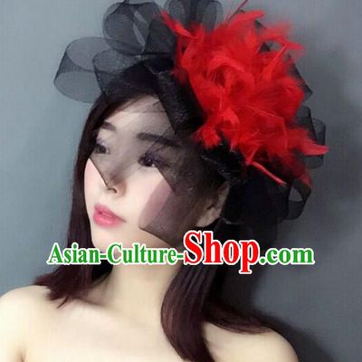 Handmade Baroque Hair Accessories Red Feather Headwear, Bride Ceremonial Occasions Top Hat for Women